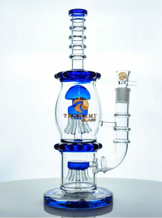 Tsunami 15″ Dual Jellyfish Percolator Glass Water Pipe - Blue